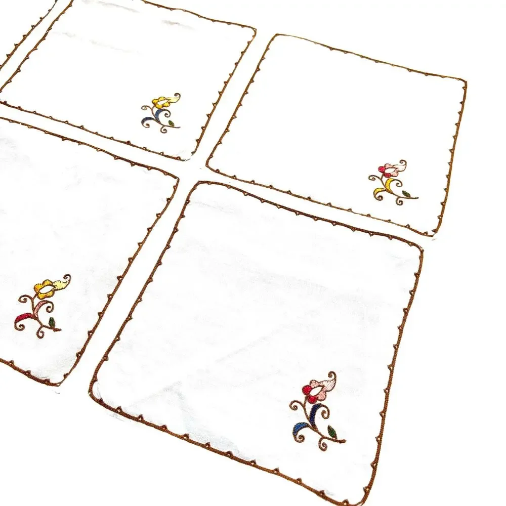 Vintage cocktail napkins (6) cream linen blend squares small floral embroidery